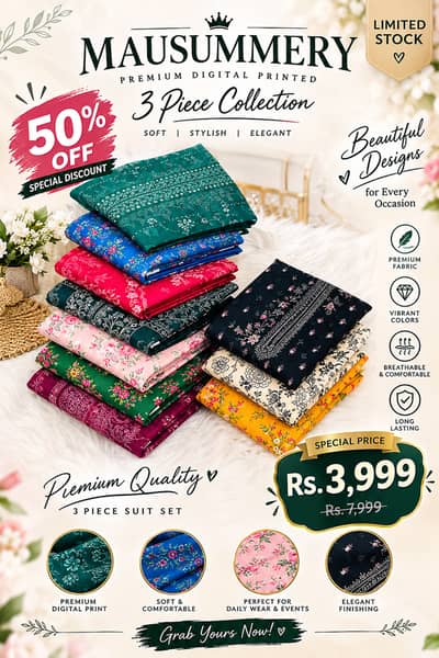 MAUSUMMERY 3-Piece Unstitched Suit | Beautiful Printed Design | Rs. 3,