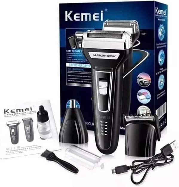 Original Kemei KM-5558 3-in-1 Rechargeable Grooming Kit for Men - Electric Shaver, Hair Clipper & Nose Trimmer - Professional Cordless Beard Styler & Grooming Machine (Blue)