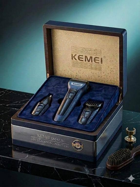 Kemei KM-6330 3 in 1 Professional Grooming Kit For Men - Rechargeable Shaving Machine, Hair Clipper, Beard & Nose Trimmer, Electric Cordless Shaver, Baal Katne Wali Machine, Khat Trimer Mashine - Blue & Black