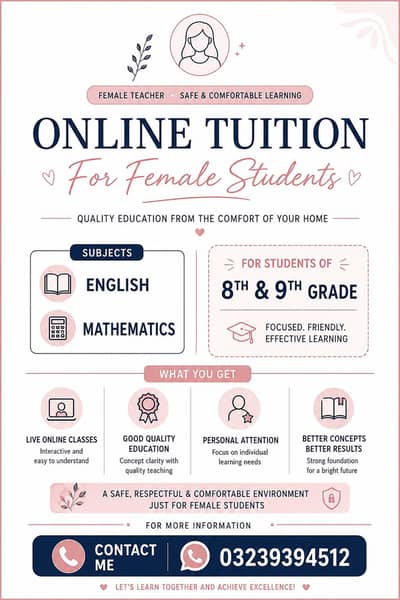 Online female tutor available for 8th and 9th class students