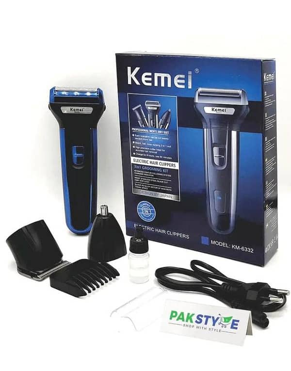 Kemei KM-6330 3 in 1 Professional Grooming Kit For Men - Rechargeable Shaving Machine, Hair Clipper, Beard & Nose Trimmer, Electric Cordless Shaver, Baal Katne Wali Machine, Khat Trimer Mashine - Blue & Black