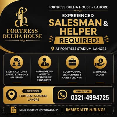 Experienced Salesmen & Helpers Required – Fortress Dulha House, Lahore