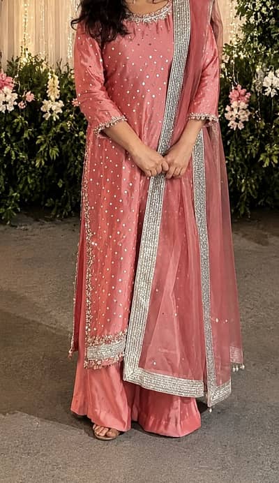 3-Piece Coral Pink Wedding Dress – Stitched Silk Suit with Handwork