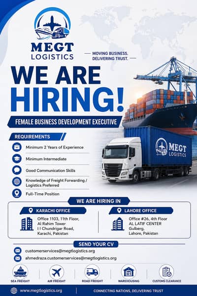  MEGT Logistics – Lahore Hiring  Female Business Development Execut
