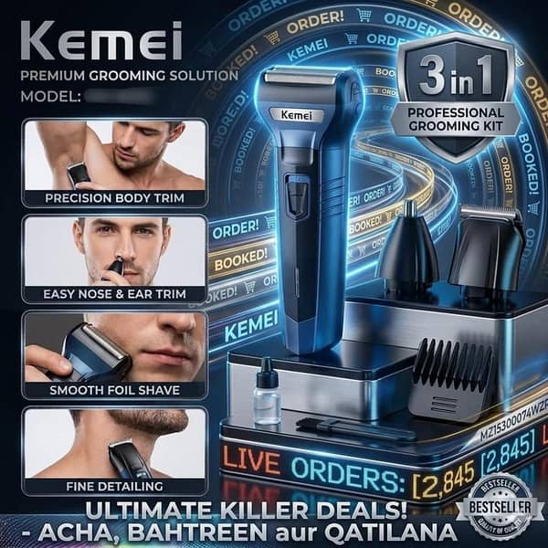 Original Kemei KM-6332 Professional 3-in-1 Grooming Kit - Rechargeable Men's Shaving Machine, Beard Trimmer, Hair Clipper & Nose Trimmer - All-in-One Personal Care Set"