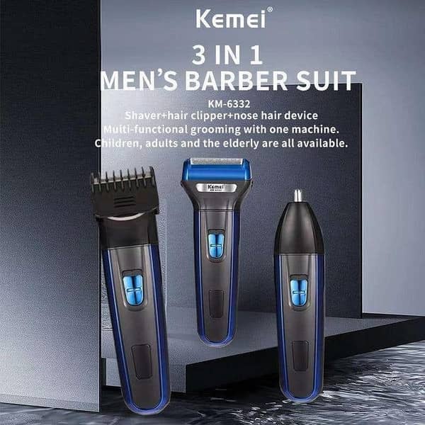 Original Kemei KM-6332 Professional 3-in-1 Grooming Kit - Rechargeable Men's Shaving Machine, Beard Trimmer, Hair Clipper & Nose Trimmer - All-in-One Personal Care Set"