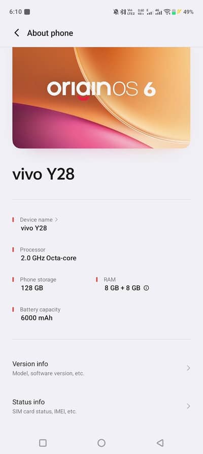 For Sale: Vivo Y28 RAM: 8GB + 8GB Extended  - Storage: 128GB