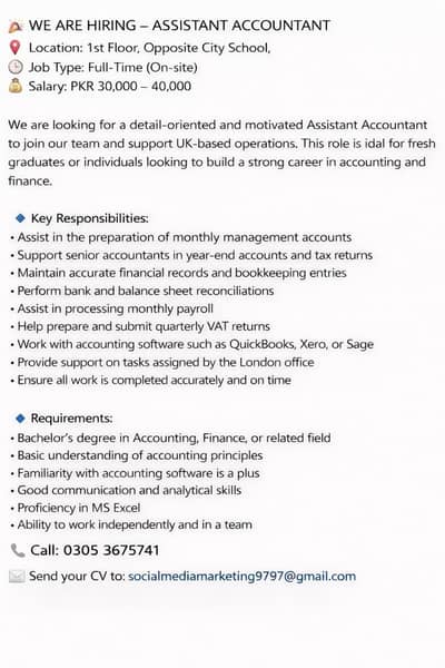 Assistant accountant required