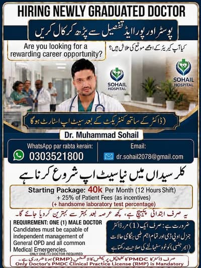 Male doctor needed only one new junior rmp lisence holder doctor