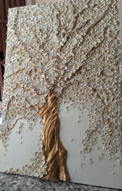3D Floral Tree Sculpture Art - Premium Textured Wall Decor