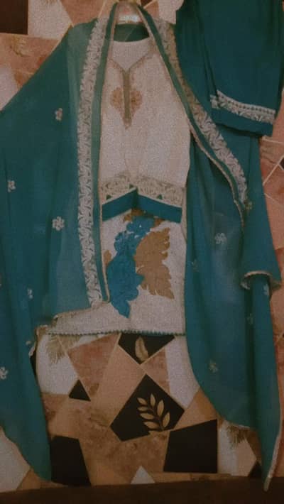 Elegant 3-Piece Embroidered Suit | Teal & White
