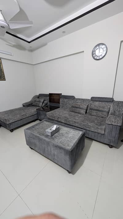 5 seater sofa set with center table and matching curtains