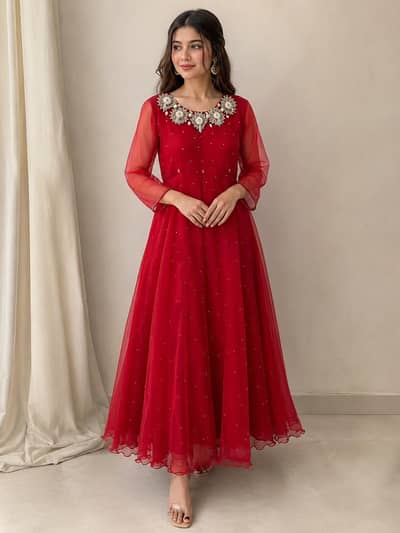 Beautiful Red Party Wear Dress | Medium Size | Embroidered Fancy Dress