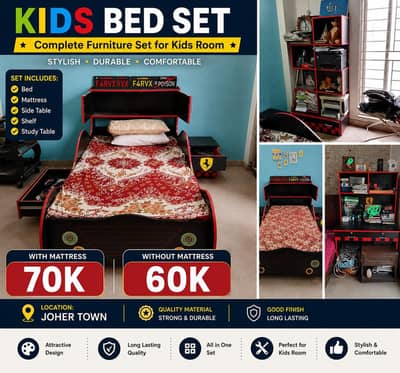 Kids Complete Bed Set with Mattress, Side Table, Shelf & Study Tab