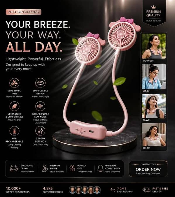 Portable Neck Fan Rechargeable USB Mini Fan Wearable Hands Free Neckband Fan 360° Flexible 3 Speed Personal Cooling Fan Quiet Desk Fan for Workout Work Travel
