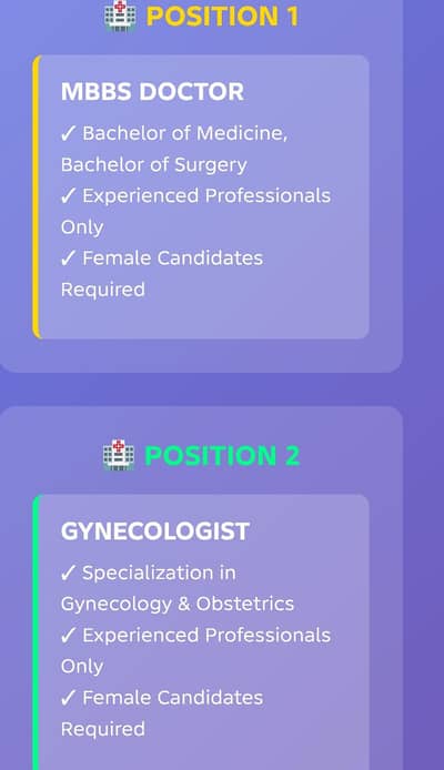 Experienced Female Doctors Required   1. MBBS physician   2. Gyne