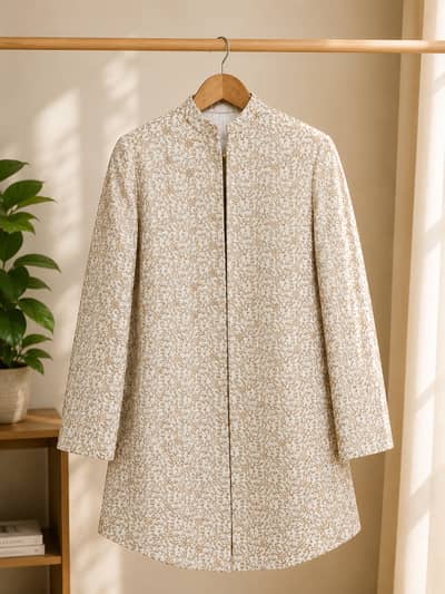 Embroidered Raw Silk Long Coat