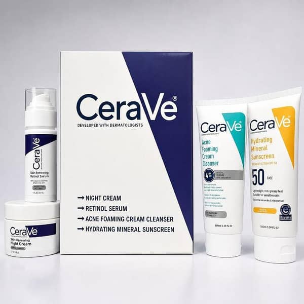 CeraVe Skincare Set | Retinol Serum, Night Cream, Acne Cleanser & SPF 50 Sunscreen