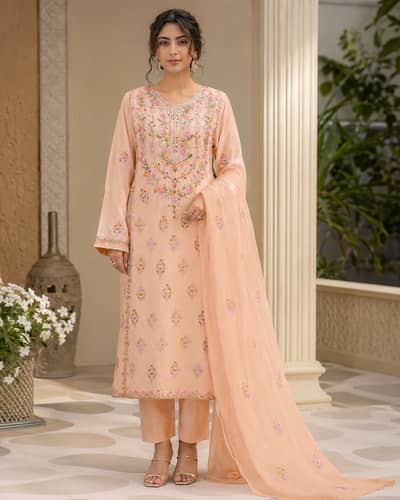 Peach Embroidered 3-Piece Lawn Suit with Mirror Work
