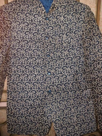 Men's Navy Blue Embroidered Prince Coat Small Size Wedding Sherwani.