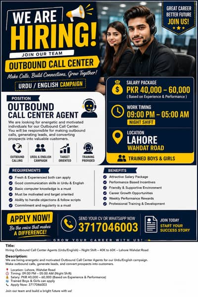Hiring Outbound Call Center Agents – Urdu/English | Lahore