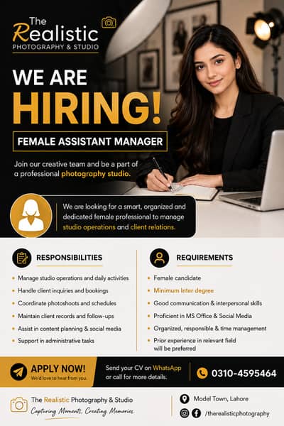 Female Assistant Manager Required – Photography Studio