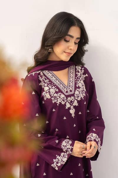Purple Embroidered 3-Piece Lawn Suit for Women