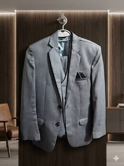 Premium 3 piece suit Chowk Self-Texture . Charcoal Grey / Steel Grey