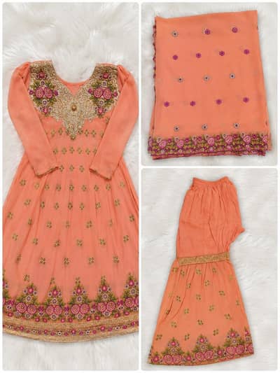 Peach Embroidered Sharara Suit
