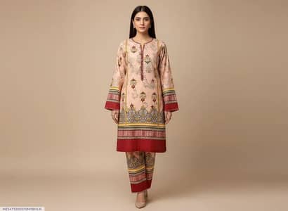 Women unstitched printed suit pink polo cotton  2 pcs