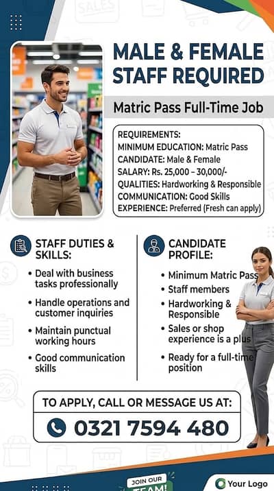 Male & Female Staff Required | Matric Pass Full Time Job