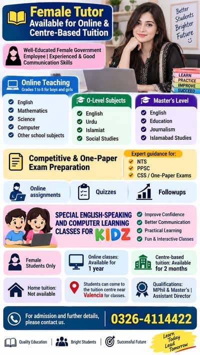 Female Tutor Available for Female Students for Online and Center cent