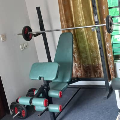 gym bench,dumbbells and rods
