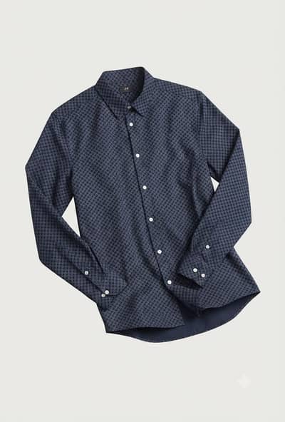 H&M Slim Fit Easy Iron Dark Blue Geometric Pattern