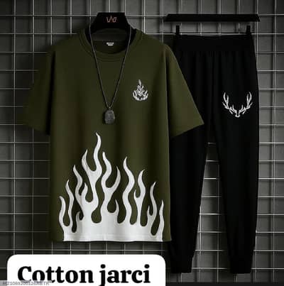 mens cotton jersey graphic track suit green flame deer medium to xl