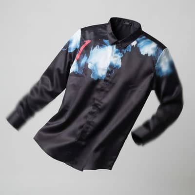 Men's Black Art Print Satin Shirt with Blue & Red