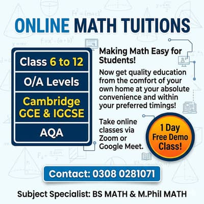 Online Math Teacher | Grade 6–12 | O Levels & A Levels [0308-0281071]