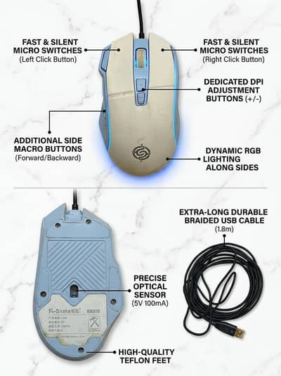 K-Snake KM800: Dynamic RGB, Adjustable DPI Gaming mouse comfortable
