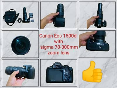 Canon 1500d with Sigma 70-300mm zoom lens and accessories for sale.