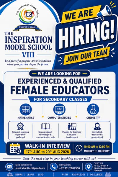 Female Secondary teachers for Math, Islamiat, Arabic.