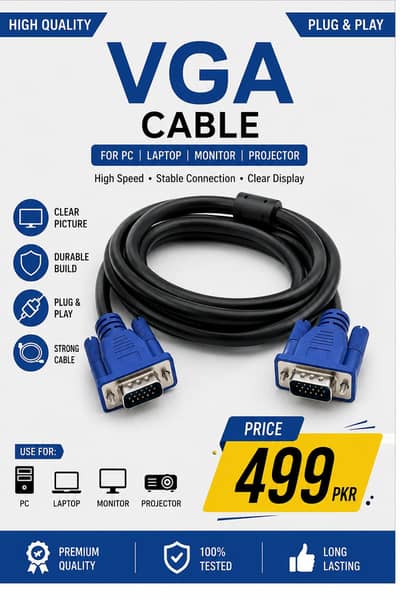 VGA Cable High Quality – PC, Monitor, Laptop | Rs. 499