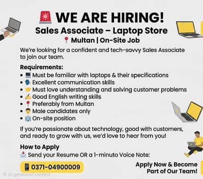 Sales Associate/Manager Required for Growing Laptop Store in Multan