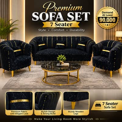 7-Seater Luxury Sofa Set with Gold Accents – Excellent Condition