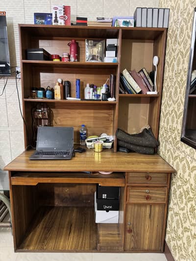 Pure Wooden Study Computer Table / Office Table with Bookshelf & Draw