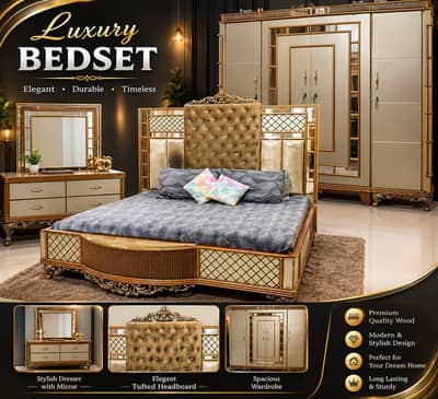 King Bed Set + 4-Door Spacious Wardrobe & Mirror Dresser