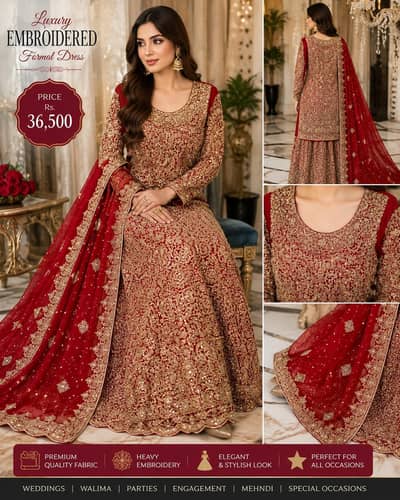 Luxury Red & Gold Heavy Embroidered Bridal Dress | Formal Wedding Wear