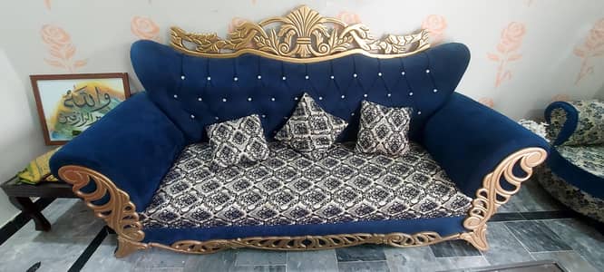 Royal Blue & Golden Luxury Sofa Set for Sale