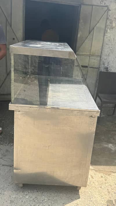 Commercial Stainless Steel Display Counter with Glass Top & Wheels