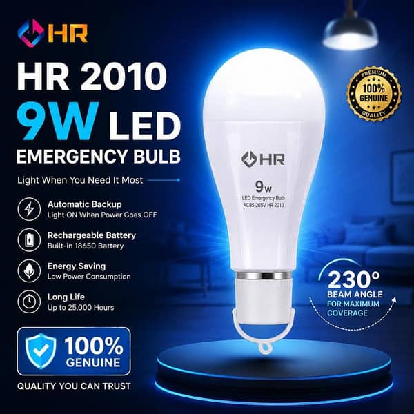HR 9W Rechargeable LED Emergency Bulb – Auto ON Loadshedding Light, 18650 Battery, 230° Wide Beam, Long Backup