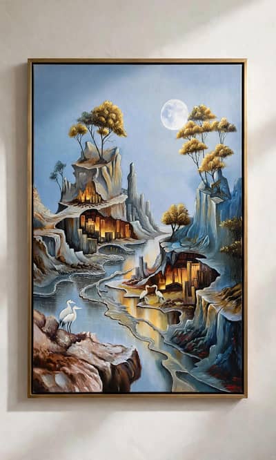 Unique 3D textured detailing with vibrant natural tones and moon scene